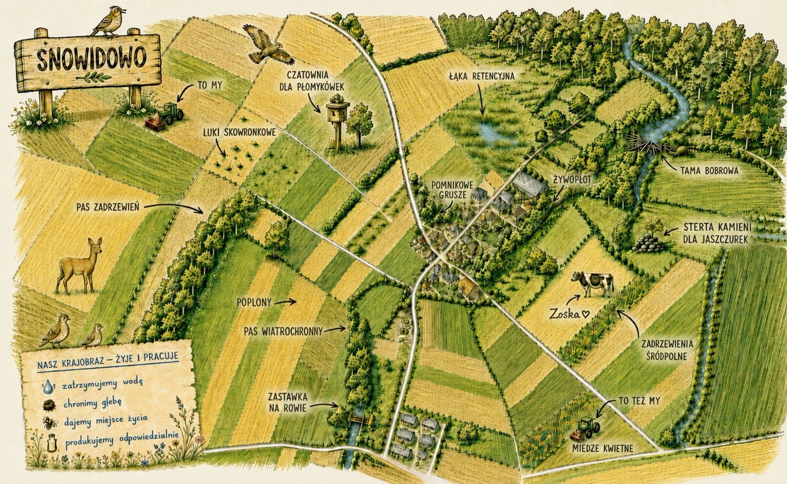 Ilustracyjna mapa Snowidowa pokazująca zadrzewienia, miedze kwietne, retencję, siedliska ptaków i inne elementy żywego krajobrazu